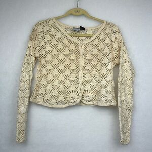Cropped Button-down crochet Kimono/cardigan/sweater Long sleeves cream/tan Sz 2